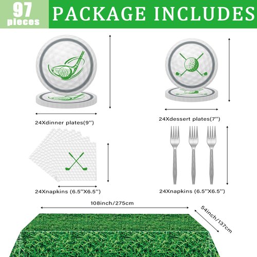 97 Pcs Golf Party Supplies Disposable Tableware Set Serve 24 Guests Include Golf Paper Plates and Napkins Forks Green Grass Field Plastic Tablecloth Golf Birthday Party Decorations Sports Themed