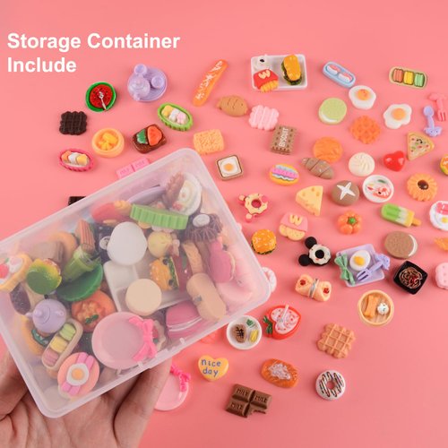 MUYIZI 100Pcs Miniature Food with Storage Box Mini Food Miniature Doll House Accessories Small Resin Doll Food Dollhouse Food Set for Pretend Play Kitchen