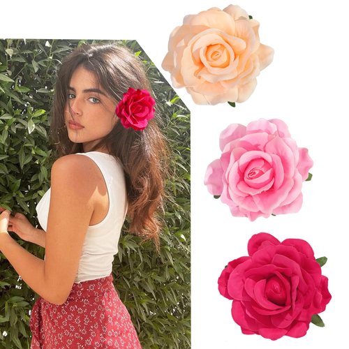Tropical Hawaiian Hair Clips Set - 3Pcs Rose and Artificial Flower Clips for Women, Wedding, Summ...