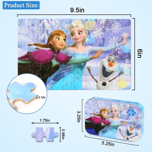 Puzzles for Kids Ages 4-8,Kids Puzzles in a Metal Box,Winter Princess Snowman Puzzles,Kids Boys Girls Learning Educational Puzzles Packed in Tin Box,60 Pieces