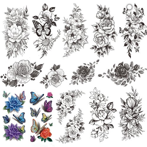 10 Sheet Long Lasting Flower Temporary Tattoos For Women Arm Neck Thigh, 3D Black Flower Rose Temporary Tattoos, Fake Tattoos That Look Real And Last Long, realistic tattoos long lasting waterproof