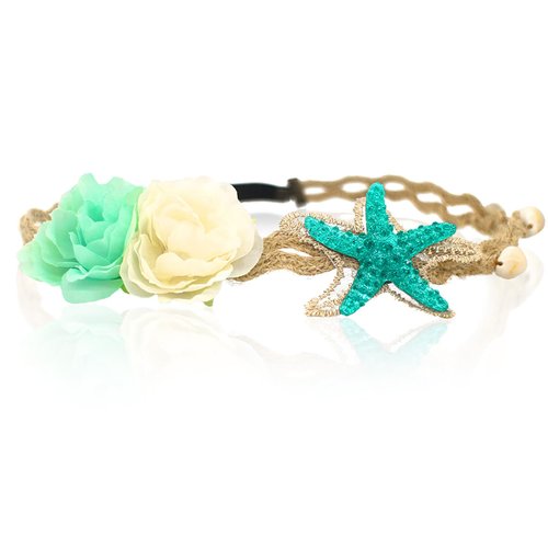 Aucpod Starfish Shell Wave Headband, Handmade Hairband with Fabric Flowers, Elastic Ribbon, Jute Rope, for Women and Girls, Beach, Wedding, Festival, Party, One Size, Beige