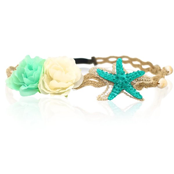 Aucpod Starfish Shell Wave Headband, Handmade Hairband with Fabric Flowers, Elastic Ribbon, Jute Rope, for Women and Girls, Beach, Wedding, Festival, Party, One Size, Beige