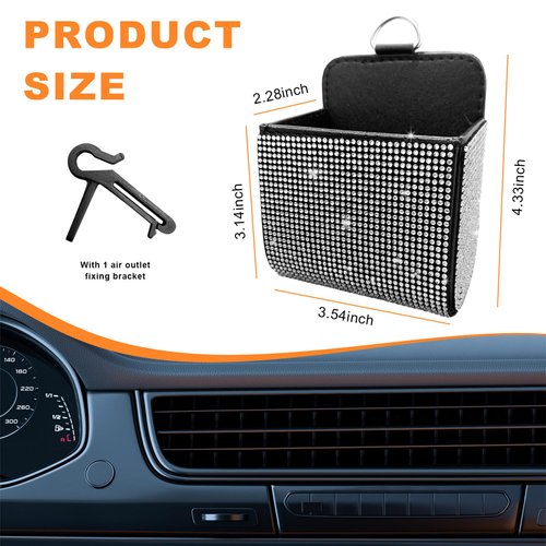 Dickno Car Vent Storage Organizer, Rhinestones Leather Air Vent Pocket, Bling Automotive Vent Pouch Box with Hook, Multipurpose Dashboard Air Vent Cell Phone Holder for Girl Women (White)