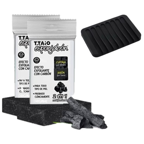 T.Taio Esponjabon Charcoal Soap Sponge 2-Pack Bundled with Soap Tray (2-Pack Plus Soap Tray)