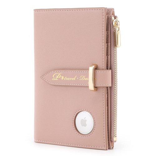 Airtag Passport Holder for Women, RFID Blocking Travel Passport Case with Credit Card Holders, Bifold Air Tag Wallets for Ladies, Slim Thin Leather Passport Wallet with Zipper Pocket, Pink