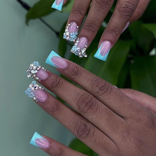 24 Pcs Duck Nails Press on French Tip False Nails with Flower & Rhinestone Designs Full Cover Duck Feet Nail Tips Acrylic Medium Fake Nails Summer Glue on Nails Reusable Stick on Nails for Women