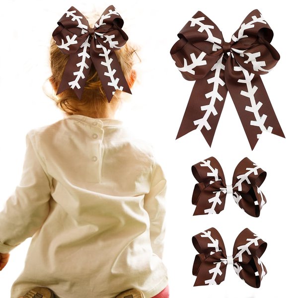 LACGO Pack of 3 Football Hair Bow Clips - Grosgrain Soccer Cheer Hair Bows Glitter Sports Bow Clips Cheerleading Ponytail Barrettes for Women Girls Football Team Cheering Parties Gifts(Brown)