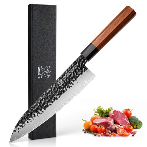 FAMCÜTE 8 inch Japanese Knife, Hand Forged High Carbon Steel 3 Layers 9CR18MOV Wood Handle Professional Kitchen Knife - Ultra Sharp and Strong Japanese Chef Knife for Men and Women.