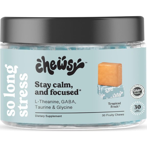CHEWSY So Long Stress, Calm Fruity Chews, Stay Calm & Focused. w/L-theanine, Amino Acid, GABA, Glycine, Tyrosine, Taurine & Magnesium. Non-GMO and Gluten-Free. Tropical Fruity Chews, 30-Day Supply