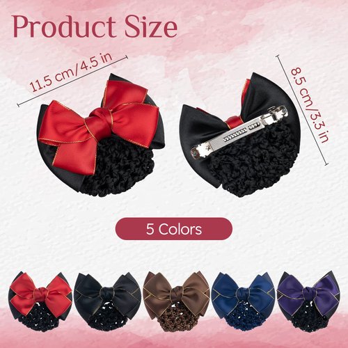 TXIN 5 Pieces Women Hair Snood Net Golden Edge Bowknot Decor Barrette Elastic Mesh Hair Bun Cover Satin Bow Hairnet Professional Hair Clip Hairpin for Women Girls Hair Styling Accessories, 5 Colors