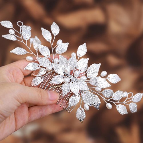 Easedaily Leaf Bride Wedding Hair Comb Silver Pearl Hair Piece Bridal Hair Accessories for Women and Bride