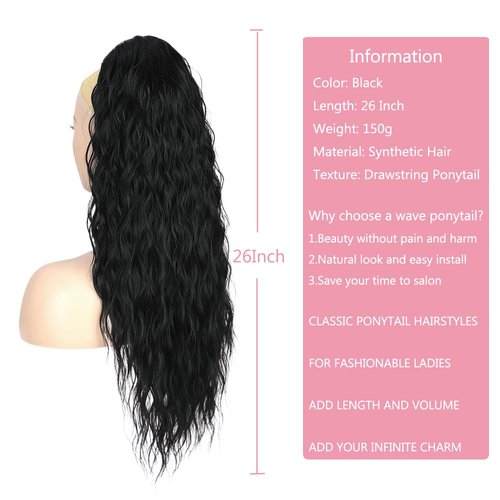 ISIGROSI Curly Ponytail Extension 26” Black Curly Drawstring Ponytail for Black Women Synthetic Heat Resistant Pony Tails Hair Extensions Drawstring Ponytail Hairpieces for Women Daily Use-Black