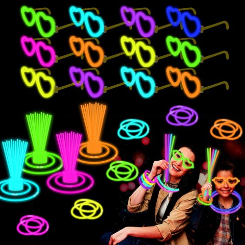 12 Pack Glow Glasses Toys Gifts with 40 Glow Sticks & Connectors (for 12 Glow Heart Glasses & 16 Bracelets), Valentines Day Neon Light Up Party Favor Supplies for Birthday Camping Dance (kids&Adults)