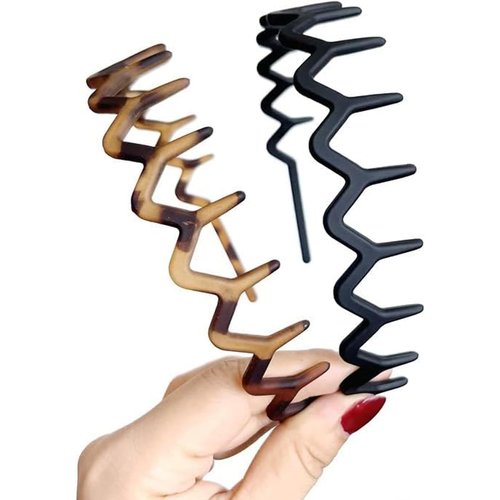 LZEDIRA 2PCS Plastic Headband, Zigzag Hair Comb Headband with Teeth Tooth Headband for Women Girls, Adjustable Hairband, Hair Accessories for Everyday Hairstyles, Black, Brown