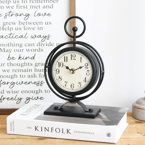 JUMBO HUMBLE Small Vintage Metal Desk Clock, Decorative Table Clock for Living Room Decor, Silent Mantel Clock Farmhouse Shelf Decor Battery Operated, 9.5" Black