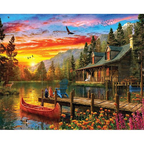 Springbok's Cabin Evening Sunset 2000 Piece Puzzle for Adults Featuring a Serene Illustration of a Cabin Getaway at Sunset