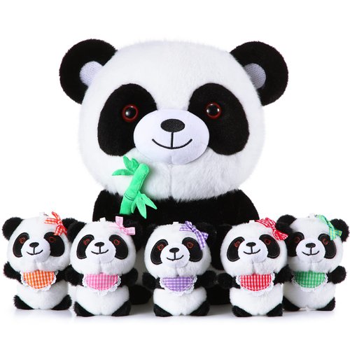 HyDren 6 Pcs Panda Stuffed Animals Cute Bamboo Panda Plush Set 12 Inch Soft Stuffed Panda Mama with 5 Lovely Babies Plushies for Boys Girls Birthday Gift Party Valentine's Day Decorations