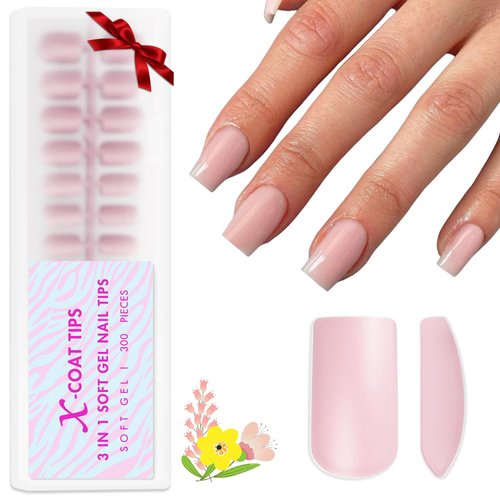 KQueenest Gel x Nail Tips Short Medium Square - Soft Acrylic Press on Nails Short,Semitransparent Natural Pre Colored Thick Fake Nails Press ons 15 Sizes Fit All Nail Bed (Nude Pink)