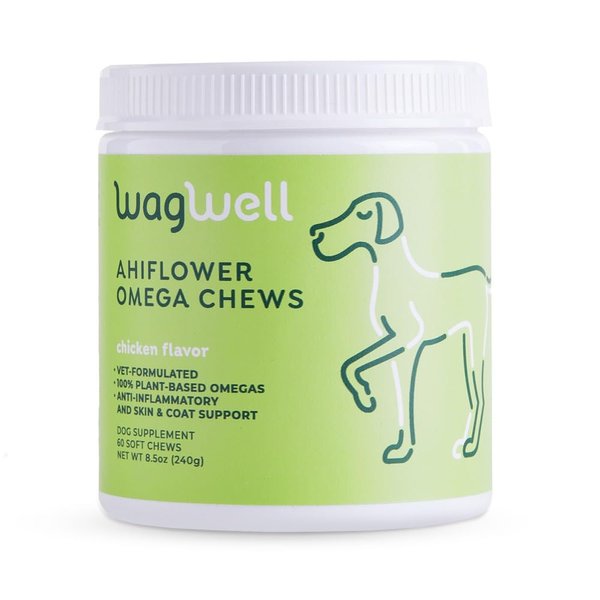 WagWell Ahiflower Omega Oil Dog Chews - Vet-Formulated Skin, Coat, Hip and Joint - Plant-Based Omega 3, 6 and 9 Supplement - Natural Chicken-Flavored Dog Omega Oil Bites, 60 Soft Chews