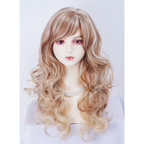 Gerulyss Long Blonde mix Brown Wig for Women Retro Wavy Wig with bangs Costume Wig for Halloween,Daily Use