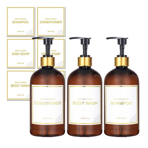 Akalin 16oz Shampoo and Conditioner Dispenser, Set of 3 Shampoo Bottles Refillable with Pump, 3 Shampoo and Conditioner Bottles, Shower Bottles Refillable with 6 Waterproof Labels (Brown)