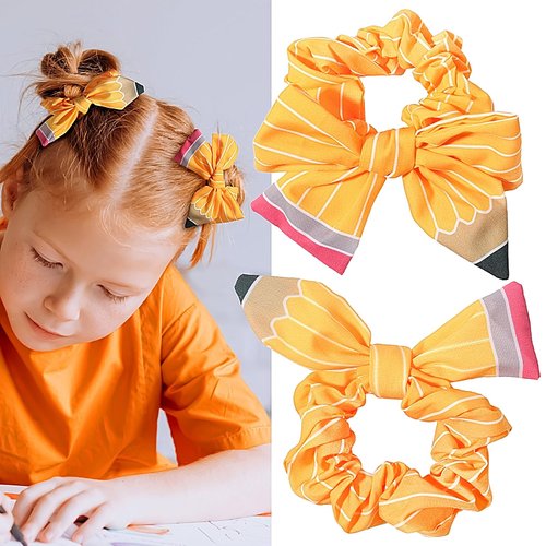 2PCS Yellow Pencil Hair Scrunchies Back to School Hair Ties Big Hair Bow Teacher Outfits for Wome...