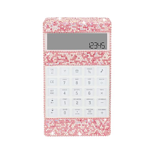 Office Calculator with Bling Crystal Decorative with Calendar Time Alarm Clock for Fashionable Desk Accessory, Office or Home Gift (Pink)