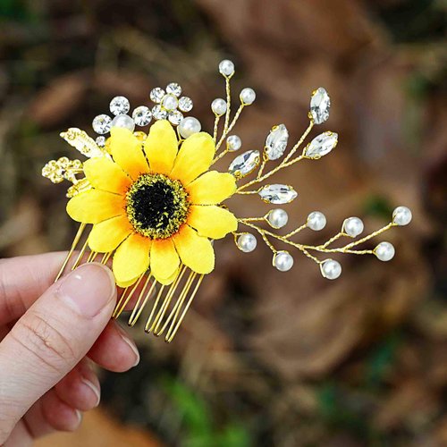 Aukmla Sunflower Hair Comb Flower Hair Accessories Crystal Hair Piece Pearl Hair Jewelry for Women and Girls HC-43 (Gold)