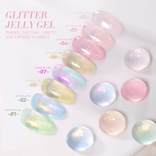 Born Pretty Jelly Gel Nail Polish Jelly Glitter Nude Pink Gel Polish Holographic Shimmer Nude Pink Natural Translucent Soak Off Hema-Free Gel Polish Nail Art DIY 15ML