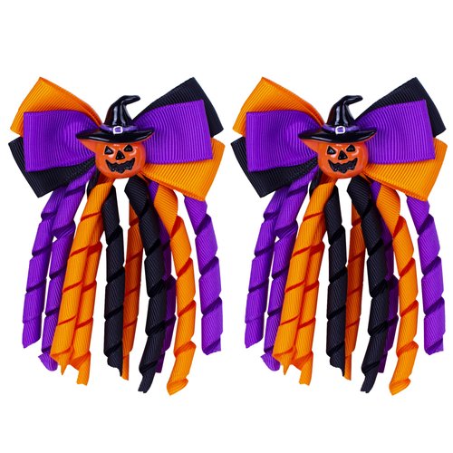Halloween Hair Bows for Girls Curly Ribbon Hair Bows Pumpkin Witch Hat Hair Clips Kids Trick or Treat Hair Accessories for Halloween Costume Party Decor