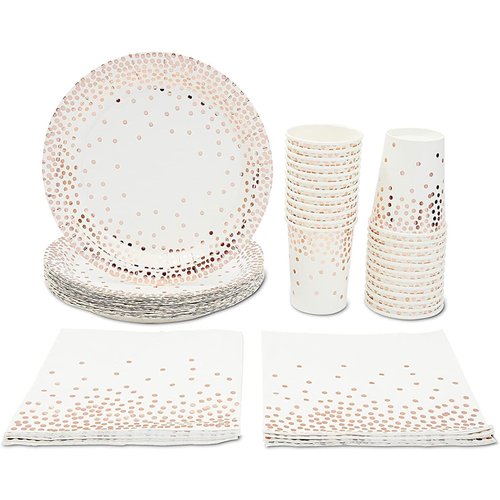 Juvale Serves 24 Rose Gold Party Supplies Decorations with Confetti Polka Dots Paper Plates, Napkins, Cups for Birthday Bachelorette Wedding Bridal, Baby Shower