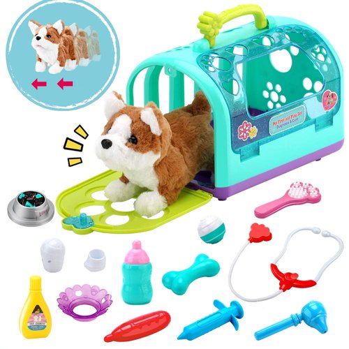 Sotodik 15PCS Electronic Vet Set for Kids,Walk and Bark Little Dog Pretend Play Doctor Playset Pe...