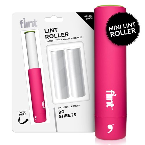 Flint Classic Pink Retractable Mini Lint Roller with 90 Extra Sticky Sheets, Small and Portable Lint Roller, Ideal Pet Hair Remover Lint Roller, Travel Lint Roller, and Lint Roller for Clothes