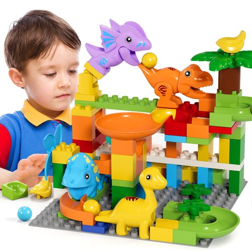burgkidz Marble Run Building Blocks Dino Toys: STEM Ball Race Track for Boys & Girls with Functional Dinosaur Building Blocks, Marbles Maze Game Toy Set for Kids Ages 3 4-8