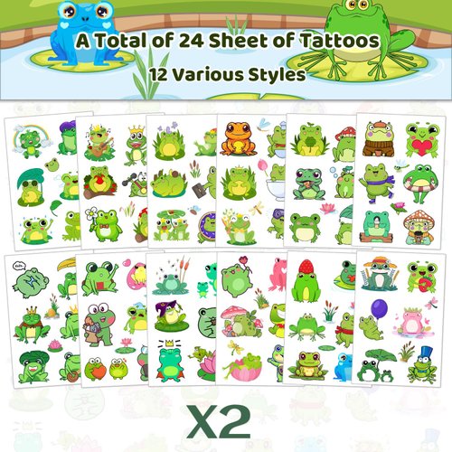 24 Sheets 144 PCS Frog Temporary Tattoos Stickers, Frog Party Favors Birthday Decorations Supplies Gifts for Kids Boys Girls Classroom Rewards