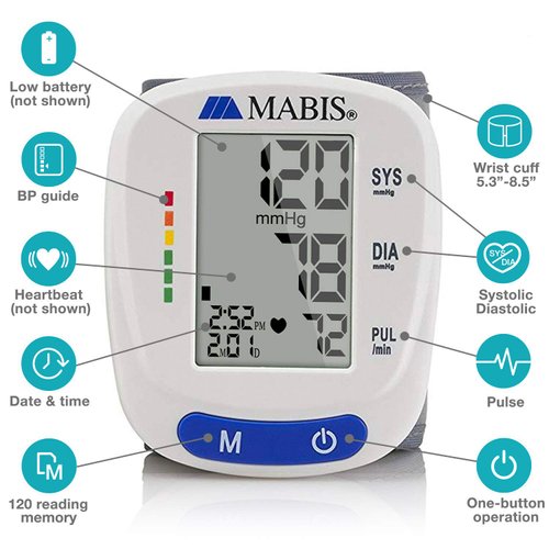 Mabis Digital Premium Wrist Blood Pressure Monitor with Automatic Wrist Cuff that Displays Blood Pressure, Pulse Rate and Irregular Heartbeat, Stores up to 120 Readings