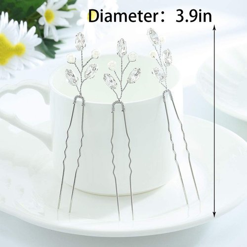 Brishow Crystal Wedding Hair Pins Pearl Bridal Hair Accessories Silver Bobby Rhinestone Hair Clips for Women and Girls (3 pcs)
