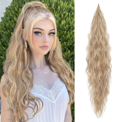 FLUFYMOOZ Ponytail Extension, Flexible Wrap Around Ponytail Extension Long Wavy Curly Ponytail Hair Extensions Natural pony tail Synthetic Hairpiece for Women 26 Inch (Champagne Blonde)