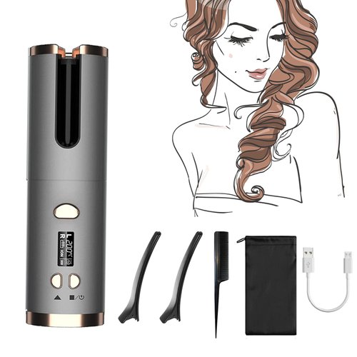 Hair Curling Iron,Rotating Hair Curler Rechargeable Curling Wand Cordless Automatic Hair Curler with 6 Temps & Timers, Fast Heating Hair Iron for Long Short Hair