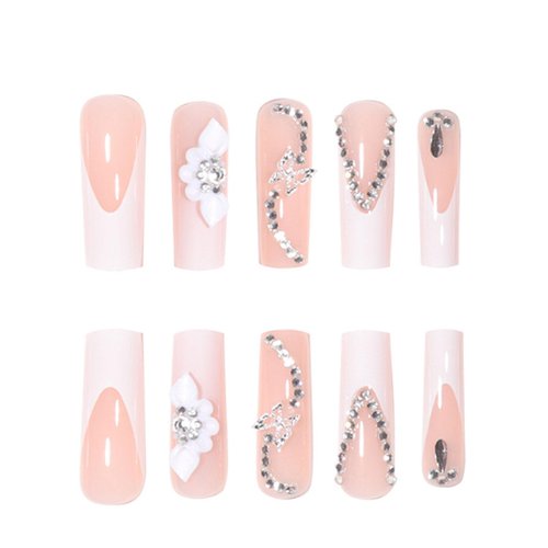 DANMANR Fake Nails Butterflies Long Press on Coffin Nails Crystal Full Cover Acrylic French Shiny Fake Nails for Women and Girls 24PCS