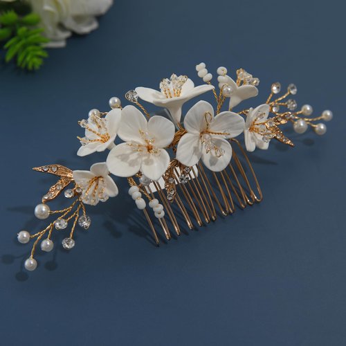 Soulshow New Soft Material Polymer Clay White Flower Wedding Hair Accessories Handmade Pearl Gold Wedding Hair Comb Bridal Hair Accessories