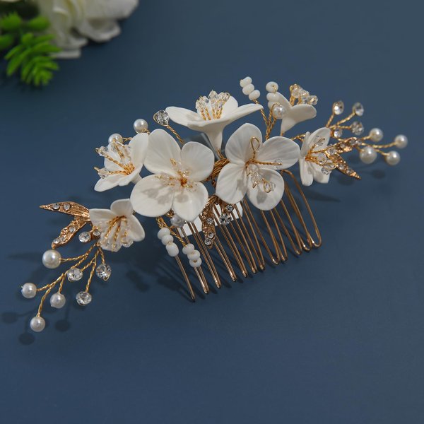 Soulshow New Soft Material Polymer Clay White Flower Wedding Hair Accessories Handmade Pearl Gold Wedding Hair Comb Bridal Hair Accessories