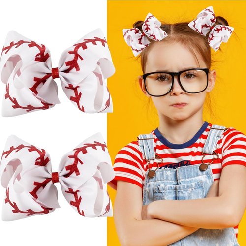 Glitter Sequin 4.5 Inch Grosgrain Ribbon Hair Clips with Baseball and Cheerleading Bows - 2PCS Alligator Clips for Girls and Toddlers