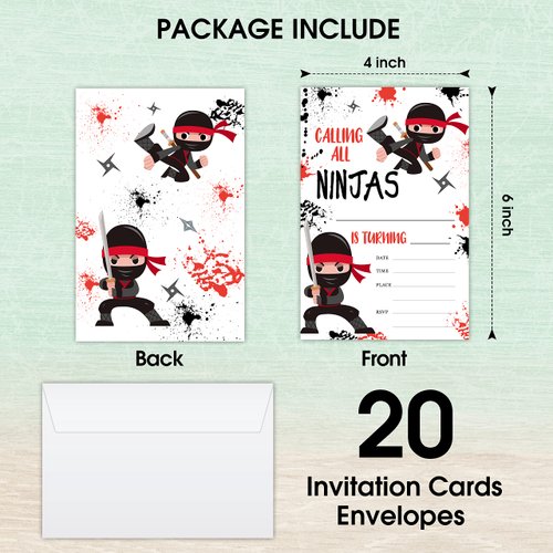LWBEO 20 Birthday Invitation Cards With Envelopes， Happy Birthday Celebration Invitation for Boys or Girls,Ninja Boys Warrior Party Birthday Party Supplies -A43