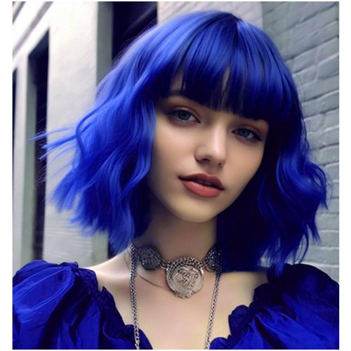 YOUNIGA Short Bob Wavy Wig with Bangs for Women Blue Color Wigs for Women Loose Curly Shoulder Length Bob Curly Women's Charming Synthetic Wigs Bob Style Synthetic Fiber Wigs (Blue 12 Inch)