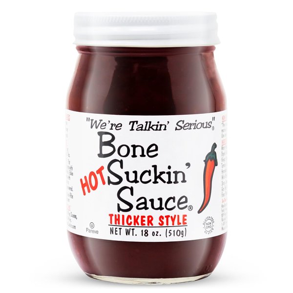 Bone Suckin' Sauce Hot Thicker Style BBQ Sauce - 16 oz in Glass Bottle, Hot Thick Barbecue Sauce For Ribs, Chicken, Pork, Fish, Beef - Gluten-Free, Non-GMO, Kosher, Sweetened w/ Honey & Molasses- 1 Pc