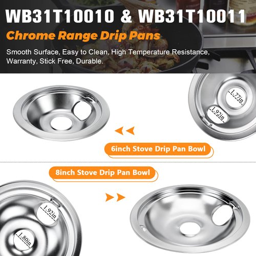 WB31T10010 WB31T10011 Chrome Range Drip Pans - Compatible for GE Hotpoint Ken-more Electric Range with Locking Slot - Includes 2 6-Inch and 2 8-Inch Drip Bowl Pans - 4 Pack (Chrome Plated Steel)