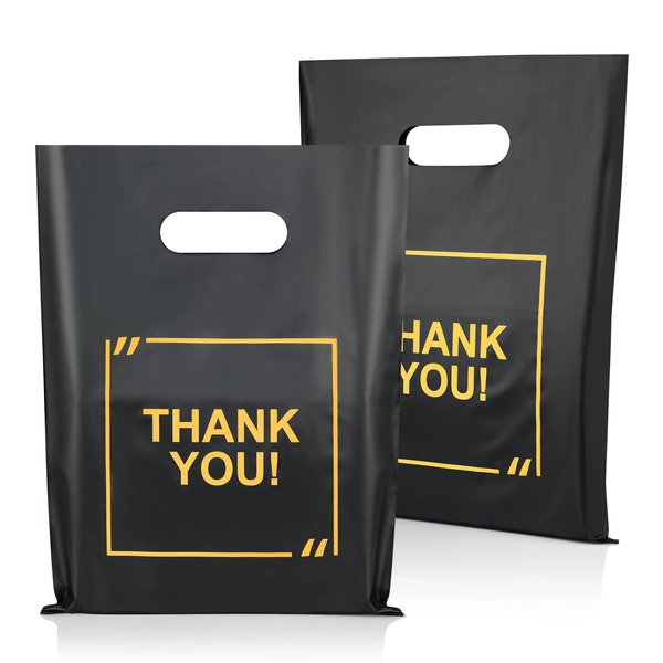 50 Pack Die Cut Plastic Shopping Bags with Thank You Logo 9x12 Merchandise Bags Extra Thick Glossy and Shopping Bags for Retail,Boutique Bags with Handles for Merchandise, Gifts, Trade Shows