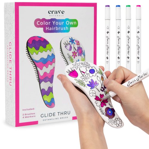 Crave Naturals Color Your Own Small Kids Hair Brush, 2pk - Kids Arts & Crafts, Mini Hair Brush, Small Brush, Toddler Brush, Detangler Brush - Activities for Kids 4-8, Crafts for Kids (Wavy/Flower)